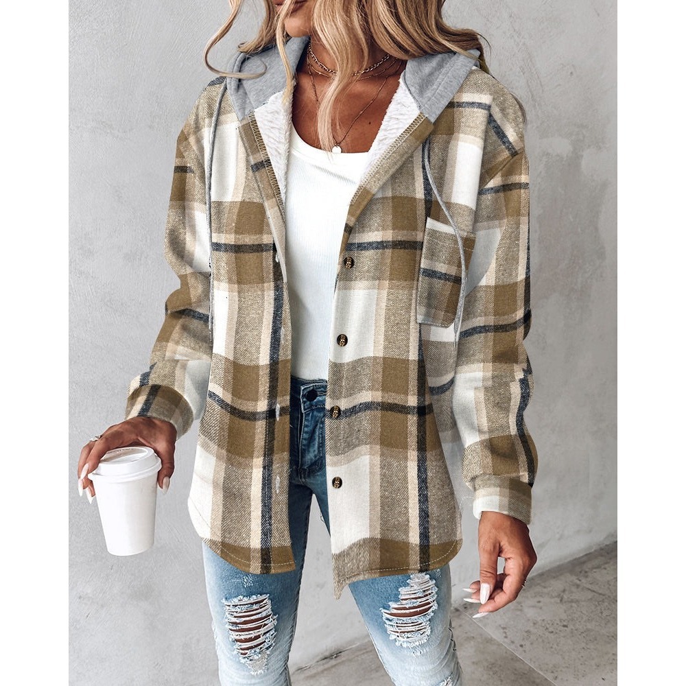 Chicme Plaid Hooded‎ Thermal Shacket Jacket Button Front Pocket Casual Coat XL